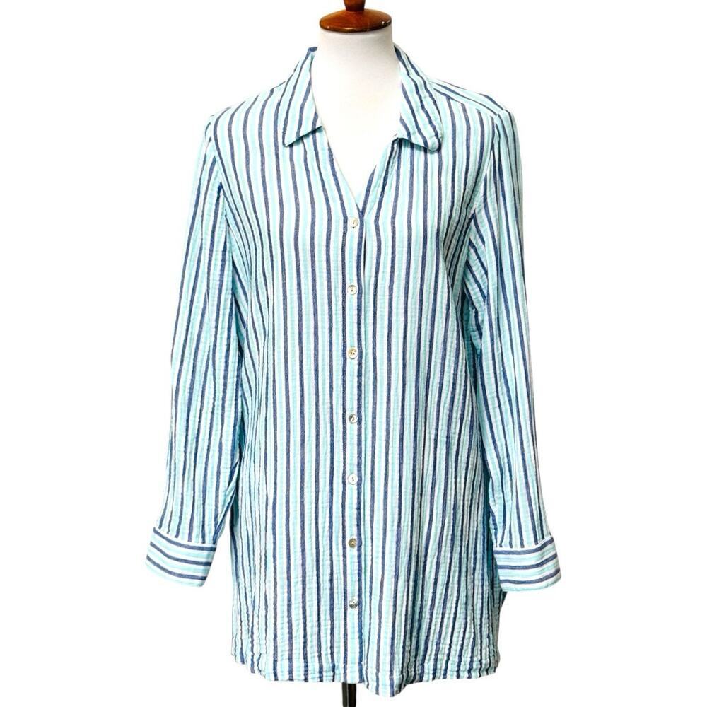 Soft Surroundings Women's Escambia Gauze Tunic Shirt Blue Green Striped XL